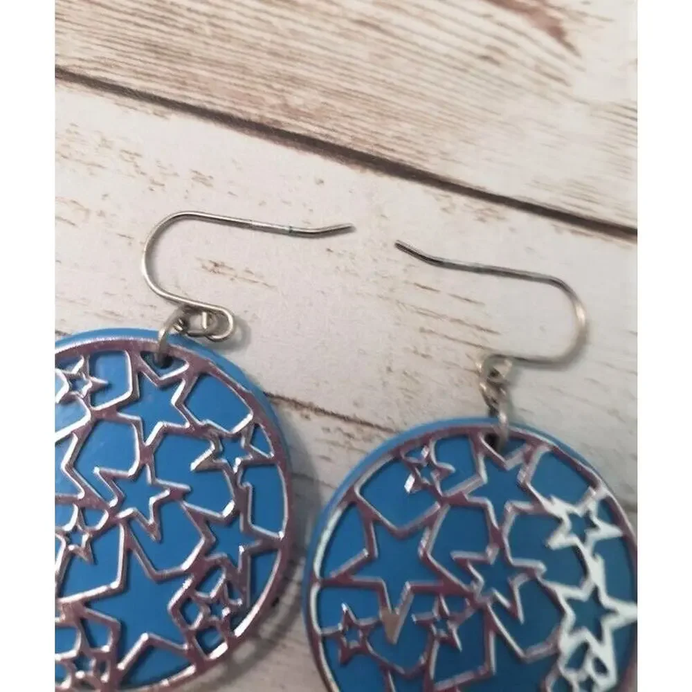 Dangle Earrings For Pierced Ears - Blue Circle with Silver Tone Stars
